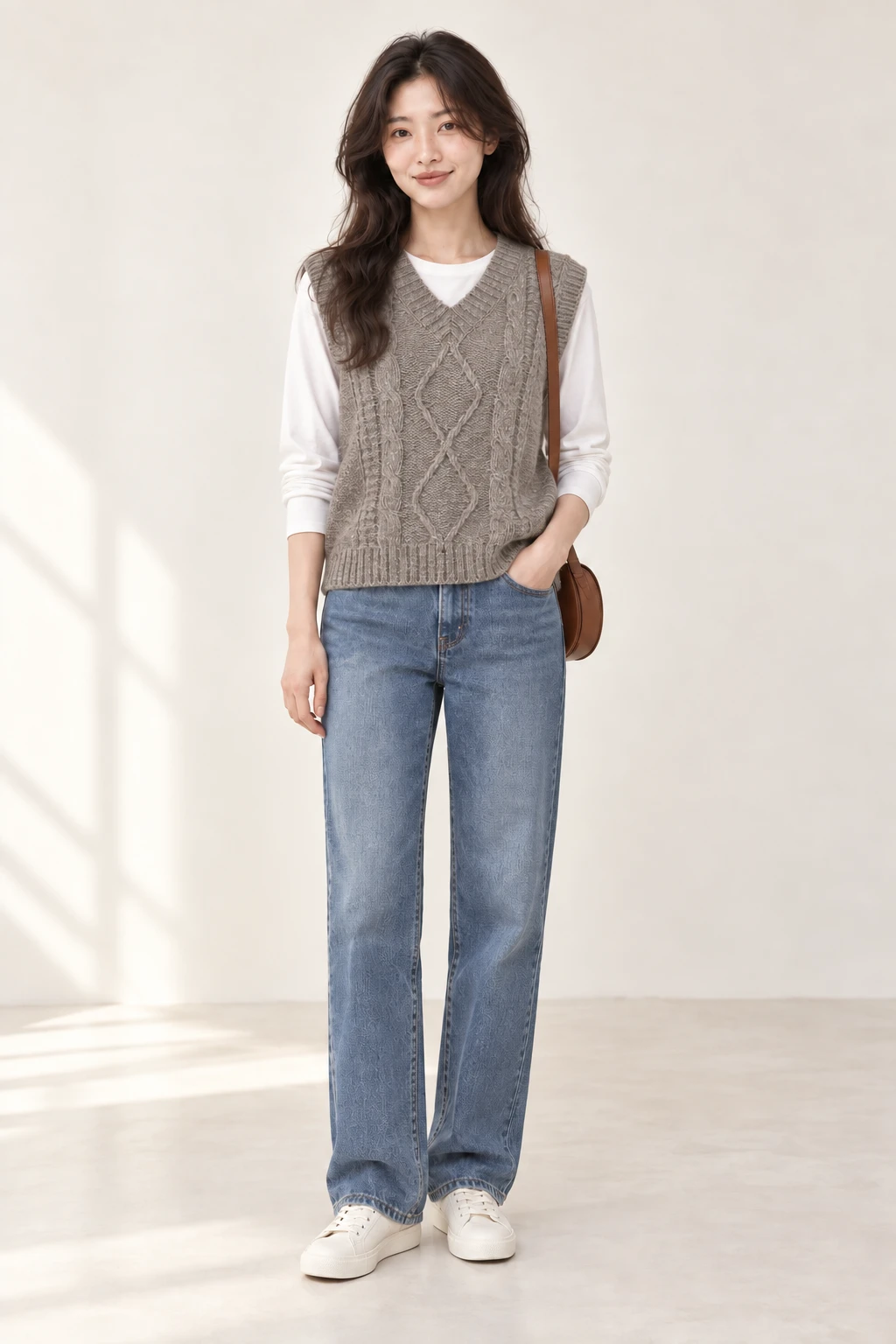 케이블 V넥 베스트 연밤 데일리 데님 레이어