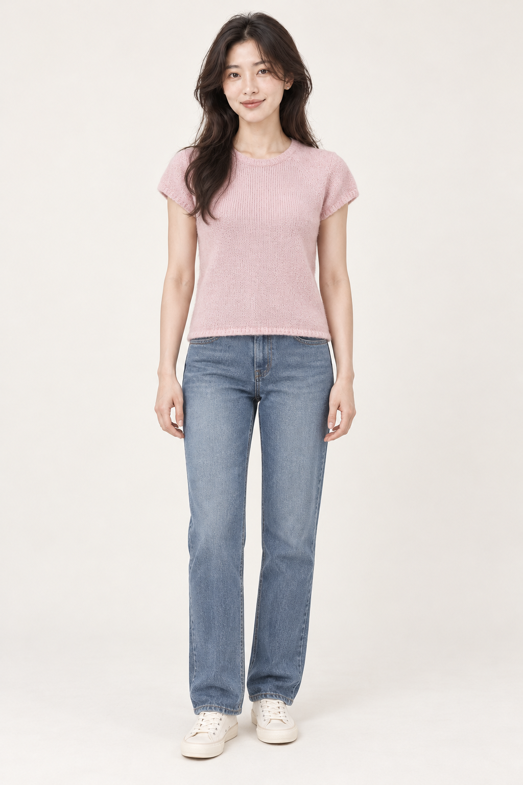 라운드 캡소매 니트 연핑크 Casual denim